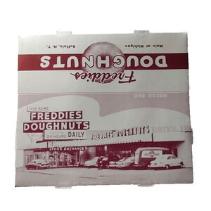 Freddies Doughnuts Box Old Cars Trucks Michigan Buffalo 1950s Vintage UNUSED NOS